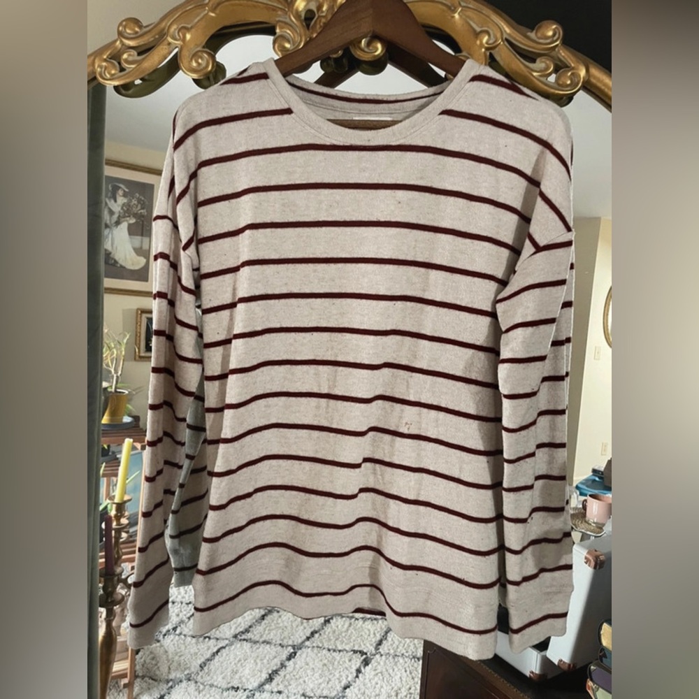 Maurices Women’s Long Sleeve Sweater Soft Cream and Maroon Horizontal Stripes